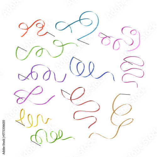 Set of rhythmic ribbon set collection, Rhythmic gymnastics ribbon on stick swirls, loops patterns, flowing motion, sport equipment, Apparatus for floor performance, curl and twist wavy strip movement.