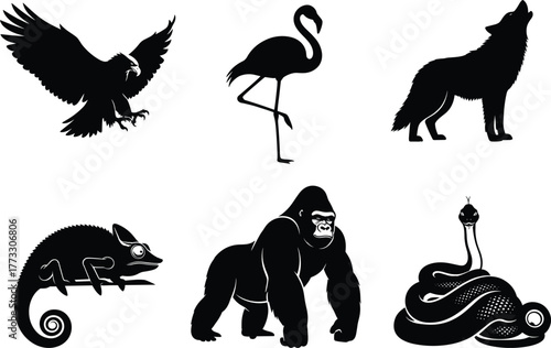 Animal silhouette bundle, black vector icons, wild creatures in motion, bird reptile mammal set, side profile shapes, isolated graphic pack
