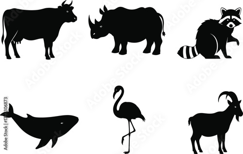 Animal silhouette bundle, side profile vector icons, farm, jungle, aquatic and bird species, black wildlife graphic set for education