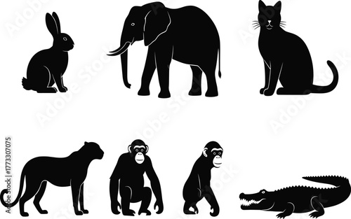 Animal silhouette pack, black vector icons, jungle and wild creatures, side profile shapes, mammal reptile set, isolated graphic bundle