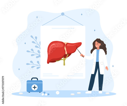 Organ donation concept. Doctor in medical uniform with liver model. Cartoon hepatologist explaining transplant to patient. Flat vector healthcare illustration.