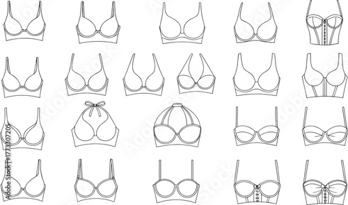 Bra design collection, lingerie fashion sketch, various styles in grid layout, cad drawing flat vector illustration, minimal line art concept