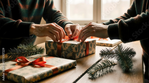 Manos envolviendo regalos navideños con cintas y papel decorativo en ambiente cálido y hogareño