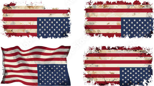 Distressed American flag variations, grunge USA flag vector, textured patriotic design, inverted stars layout, vintage national symbol illustration set