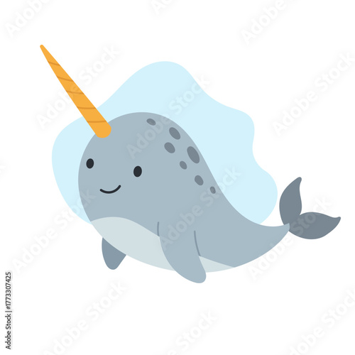 Narwhal swims peacefully through icy sea, narwhal with spiral tusk embodies arctic magic, narwhal connects myths and science, symbol of purity, mystery, and frozen ocean life.