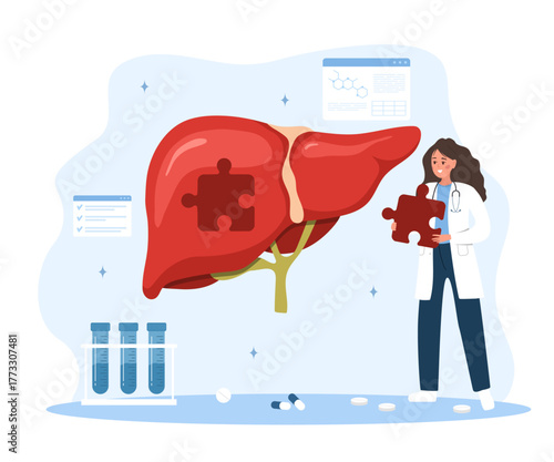 Gastroenterologist performing liver disease assessment. Diagnostic tests and treatment for cirrhosis or viral hepatitis in hospital. Vector illustration in flat cartoon style.