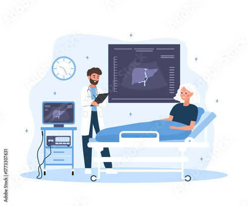 Liver cancer diagnosis by male doctor in cartoon style. Hepatologist examining patient for cirrhosis or hepatitis treatment. Medical oncology and healthcare flat vector illustration.
