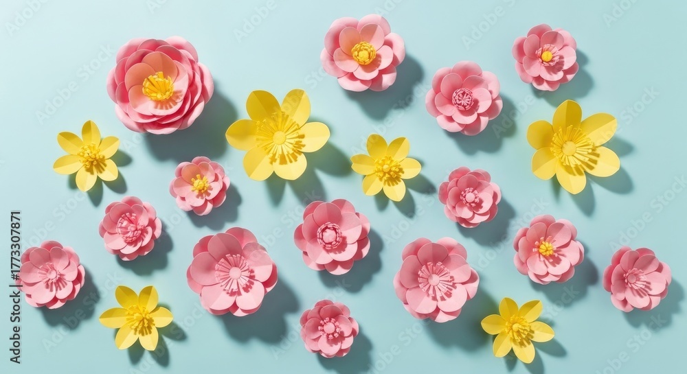 Naklejka premium Vibrant Pink and Yellow Paper Flowers on a Light Blue Background.