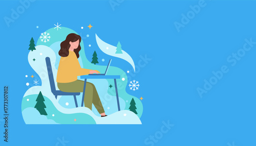 Remote worker typing on a laptop in a stylized winter landscape Cozy work technology and holidays