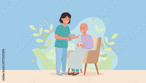 Nurse supports smiling cancer patient during recovery emphasizing empathy and hope