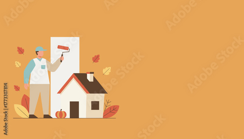 Professional painter working on home renovation during the autumn season Property maintenance and improvement service