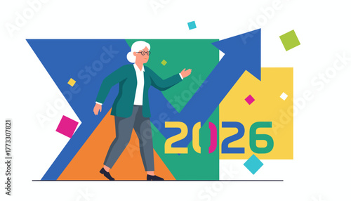 Senior businesswoman walking toward 2026 success illustrating business growth and future goals