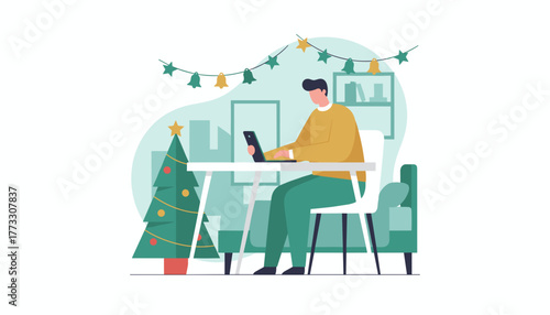 Remote worker uses a laptop in a festive office setting with a Christmas tree