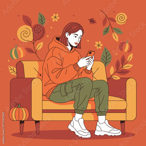 Young woman relaxing on a couch using a phone surrounded by cozy autumn decorations