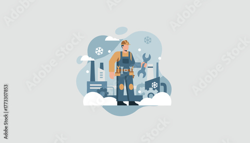 Industrial maintenance worker holding a wrench in a cold winter factory setting