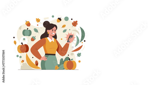 Angry woman frustrated by phone during autumn holiday stress