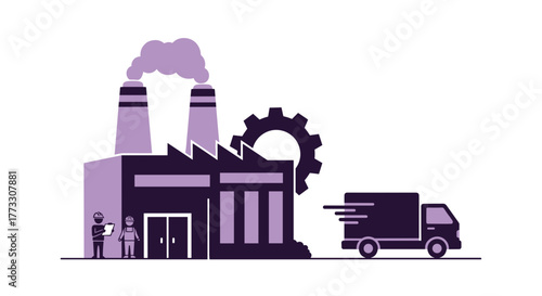 Industrial factory production logistics and supply chain management illustration with workers and delivery truck