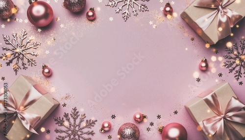 Glamorous pink Christmas flatlay with glitter ornaments and gift boxes on soft pastel background