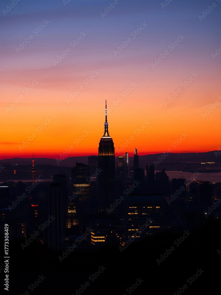 Obraz premium Distant city towers pierce the twilight sky, lights twinkling like scattered jewels, cityscape, evening