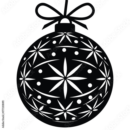 Elegant black and white Christmas ornament illustration with intricate snowflake designs
