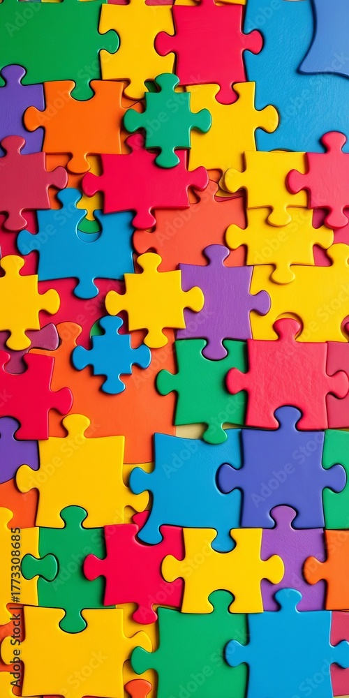 Naklejka premium Grid of interlocking puzzle shapes in vibrant colors, representing problem-solving and complex systems, complex, colors