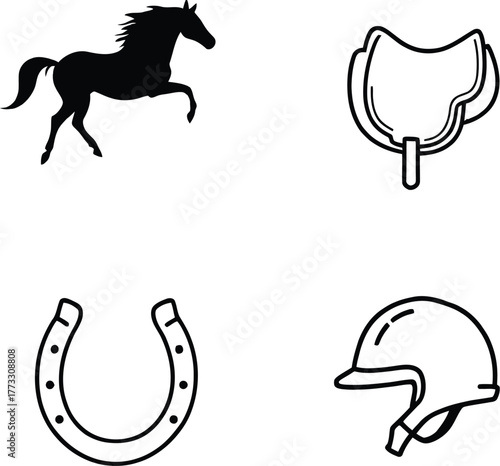 Depiction of horse saddle horseshoe and helmet in black and white vector illustration style drawing
