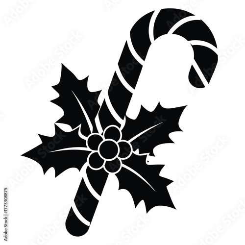 Festive Christmas candy cane with holly leaves and berries decoration vector illustration