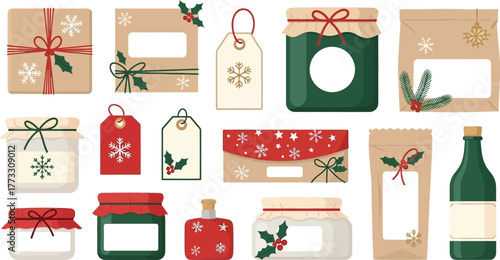 Assorted Christmas themed containers and packages with festive designs EPS vector artwork ready to use