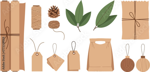 Illustration of craft paper rolls twine leaves and Christmas decor professional EPS