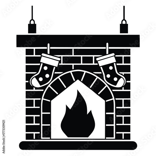 Festive fireplace illustration with hanging stockings ideal for Christmas and winter themes
