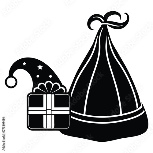 Festive holiday season silhouette with gift box Santa hat and bag full of presents
