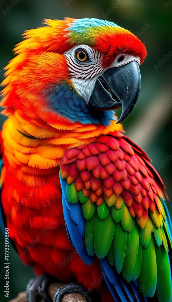Fototapeta premium A colorful parrot with vibrant feathers, perched on a branch, looking alert and intelligent, ready to speak, talking, perched