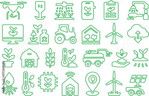 Soil Regeneration and Sustainable Agriculture Line Icon Set – Irrigation Systems, Erosion Control, Nutrient Management, AI-Based Agricultural Tools, Thin Linear Vector Illustration