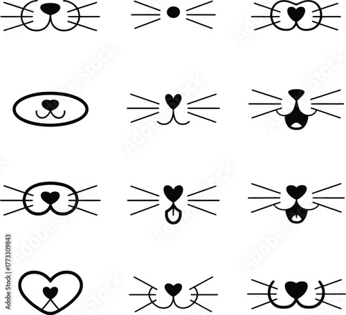Collection of twelve stylized cat faces with heart shaped noses and whiskers on a white background 