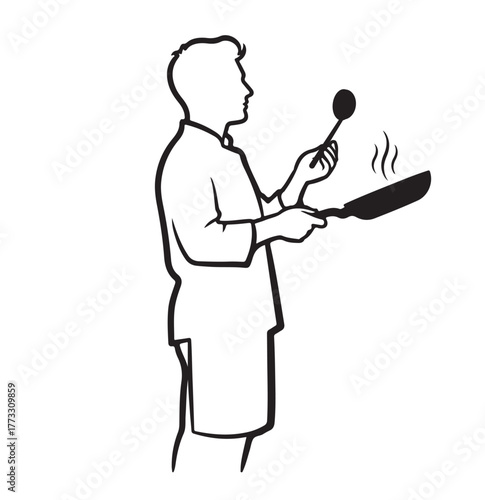 Silhouette chef cooking with frying pan and spatula