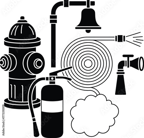 Fire safety equipment featuring hydrant extinguisher hose bell and nozzle in black and white design