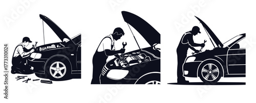Set three silhouette illustrations depicting mechanic working on car engine, showing different poses and actions involved in auto repair and maintenance