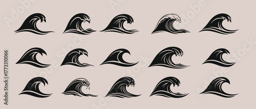 Collection stylized, handdrawn black ink wave illustrations on muted beige, displaying variety ocean wave shapes and sizes