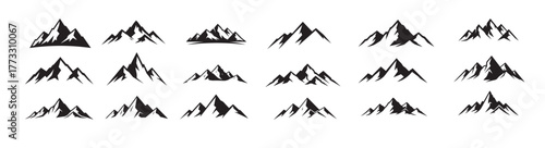Collection stylized black mountain peak silhouettes, representing various mountain ranges and natural landscapes, isolated on
