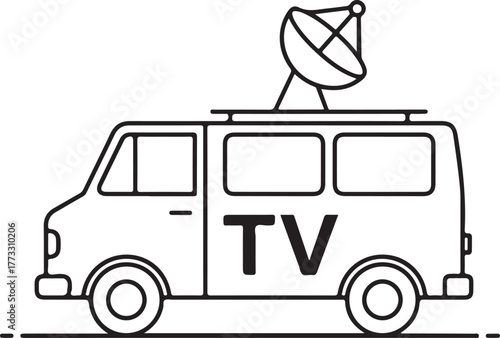 Line art illustration of a tv news van with satellite dish for broadcasting signals