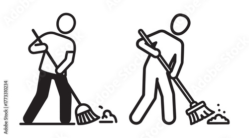 Two stylized figures, one in black and outline, the other in solid black, both sweeping with brooms and scattering small amounts debris