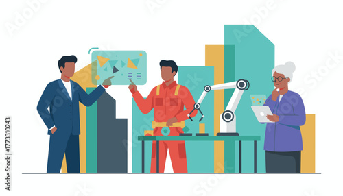 Professionals analyze robotic automation and data in a modern industry or manufacturing setting