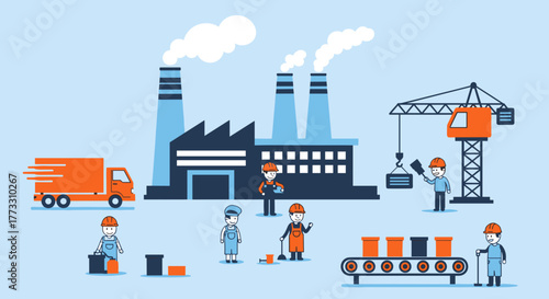 Industrial manufacturing and logistics scene with factory building workers truck and crane