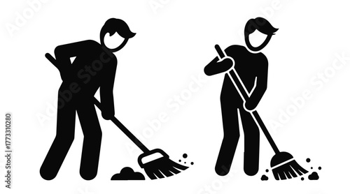 Two dark gray silhouettes people sweeping with brooms, one collecting pile dirt, the other sweeping it away, on