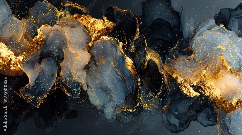 Fototapeta premium Abstract artwork of swirling gold and blue ink against a dark backdrop