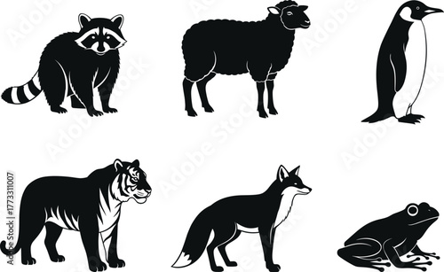 Animal silhouette set, raccoon, sheep, penguin, tiger, fox, frog, vector illustration, wildlife icons, black and white, minimal design