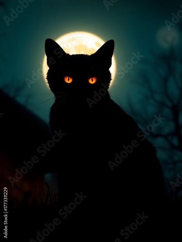 Spooky black cat silhouette with glowing orange eyes on a moonlit night, cat,  stars