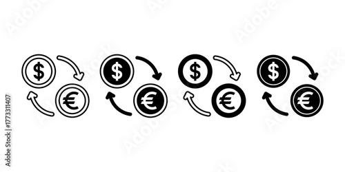 Currency Conversion Black Icon Bundle for Global Finance, Banking, and Forex Trade Concept