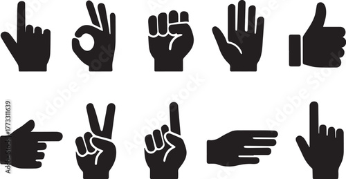 Modern hand icon vector set featuring various gestures, signs, and symbols. Perfect for communication, app interfaces, social media, support services, and design projects.