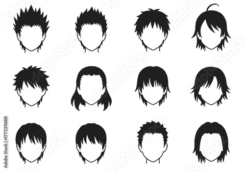 Variety of Anime-Inspired Hairstyle Silhouettes for Design Projects